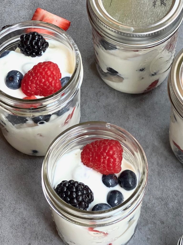 Red, white and blue berries and ricotta cream